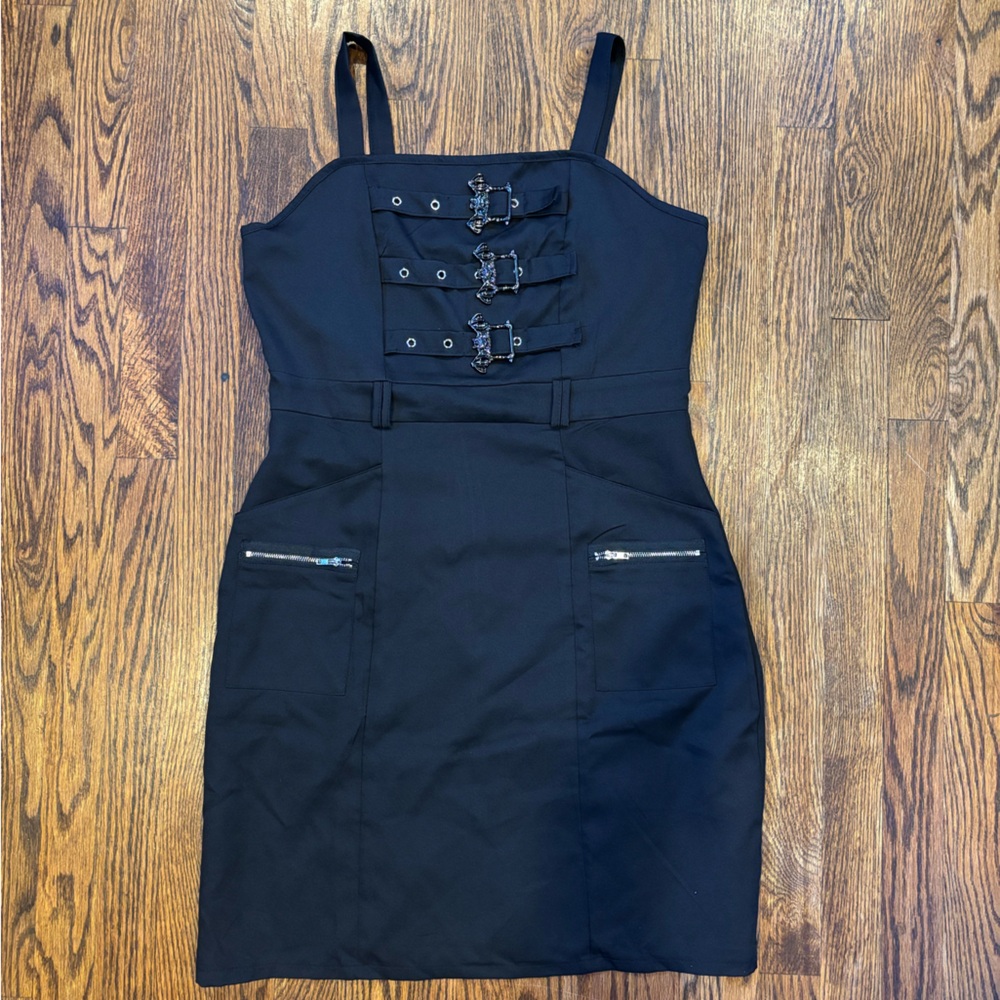 SOLD Black Bat Buckle Detail Dress With Pockets